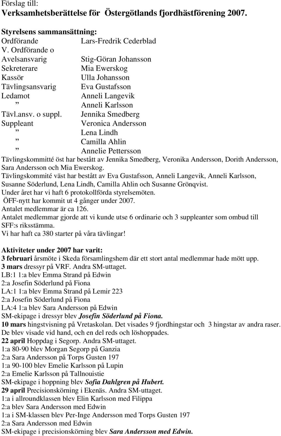 Jennika Smedberg Suppleant Veronica Andersson Lena Lindh Camilla Ahlin Annelie Pettersson Tävlingskommitté öst har bestått av Jennika Smedberg, Veronika Andersson, Dorith Andersson, Sara Andersson