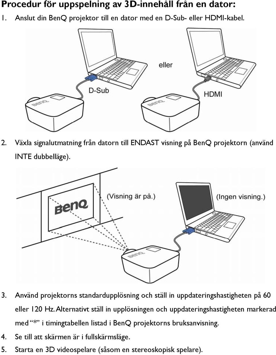 Använd projektorns standardupplösning och ställ in uppdateringshastigheten på 60 eller 120 Hz.