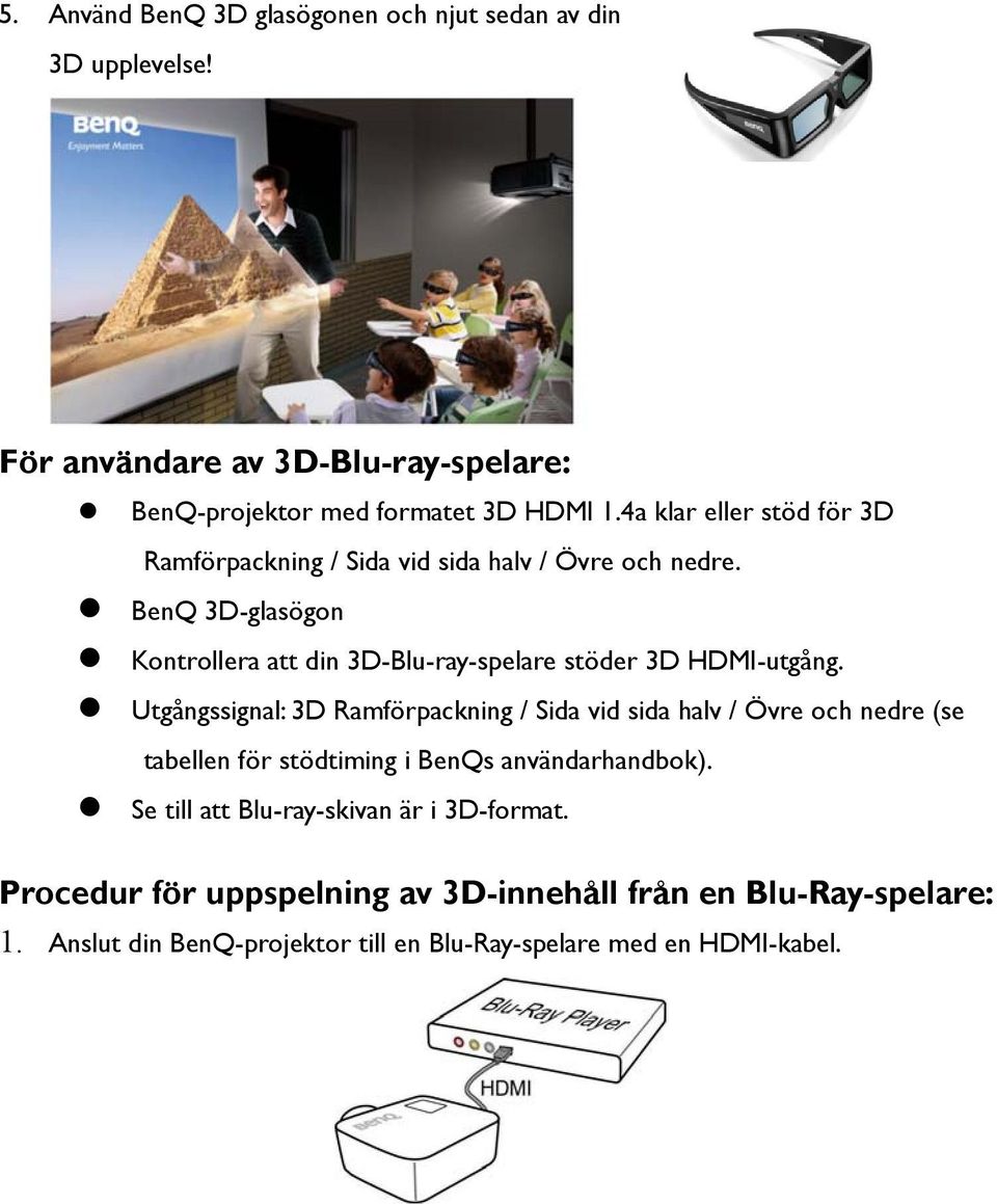 BenQ 3D-glasögon Kontrollera att din 3D-Blu-ray-spelare stöder 3D HDMI-utgång.