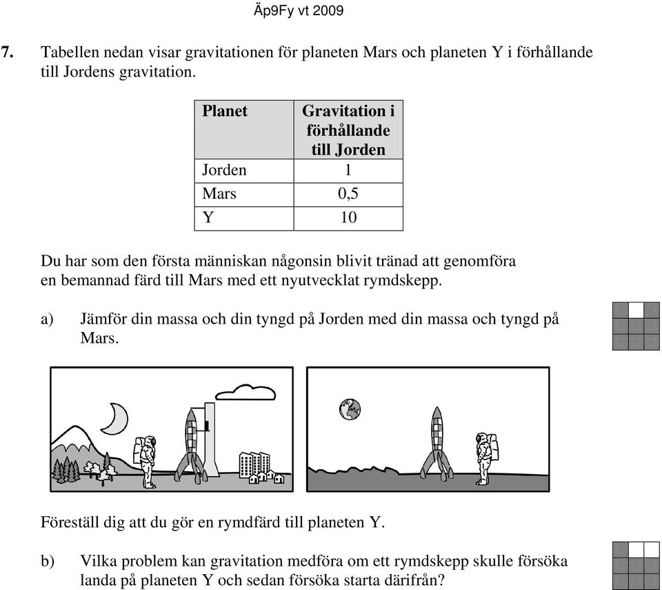 bemannad färd till Mars med ett nyutvecklat rymdskepp. a) Jämför din massa och din tyngd på Jorden med din massa och tyngd på Mars.