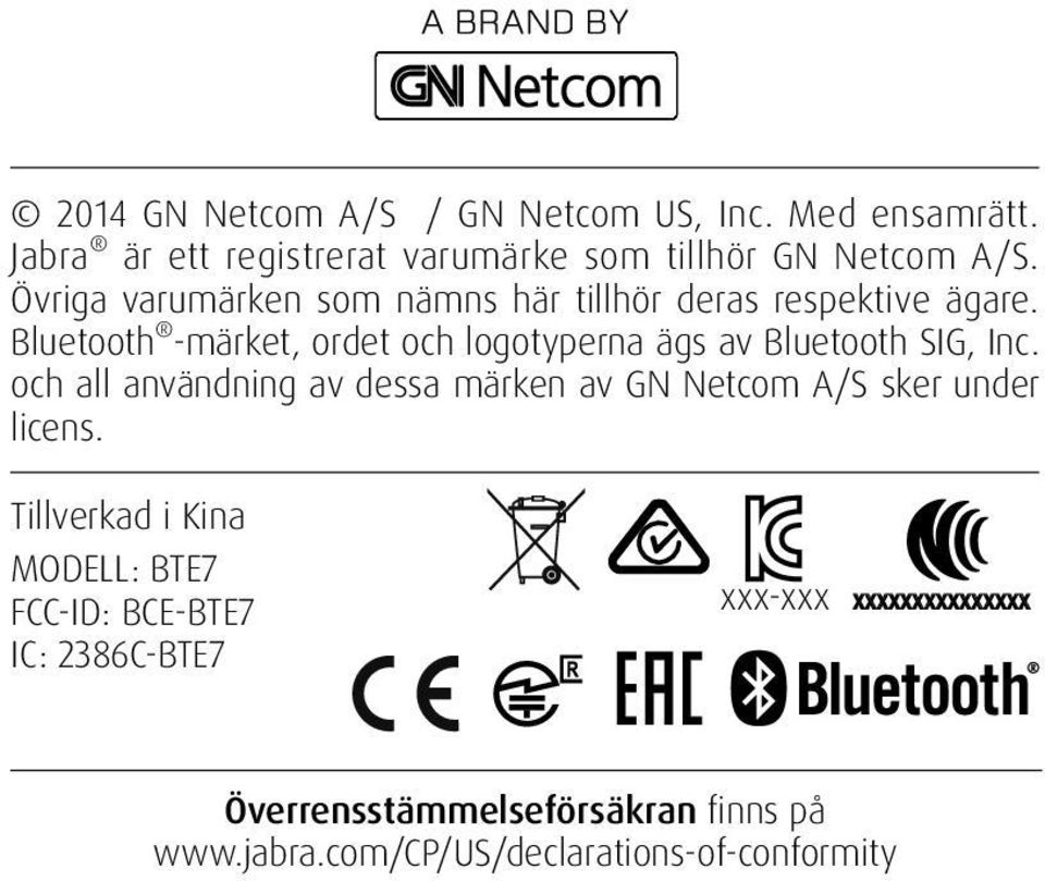 Bluetooth -märket, ordet och logotyperna ägs av Bluetooth SIG, Inc.