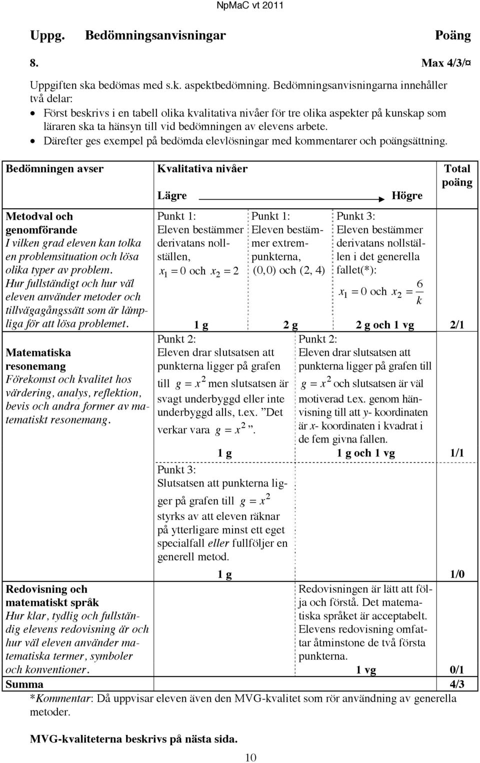 Därefter ges exempel på bedömda elevlösningar med kommentarer och poängsättning.