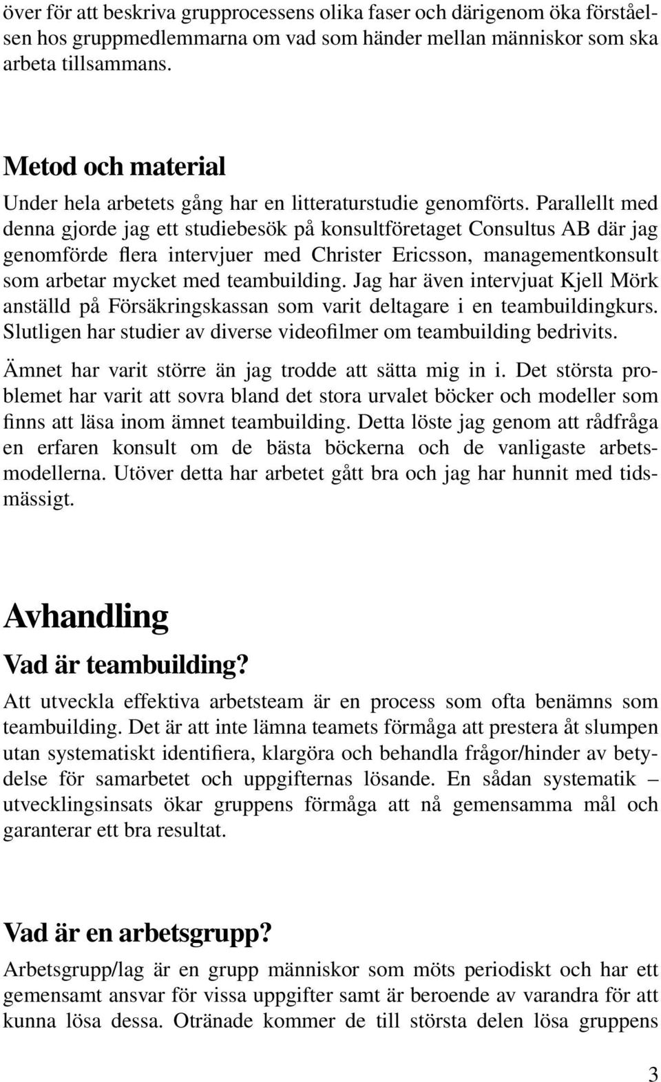 Parallellt med denna gjorde jag ett studiebesök på konsultföretaget Consultus AB där jag genomförde flera intervjuer med Christer Ericsson, managementkonsult som arbetar mycket med teambuilding.