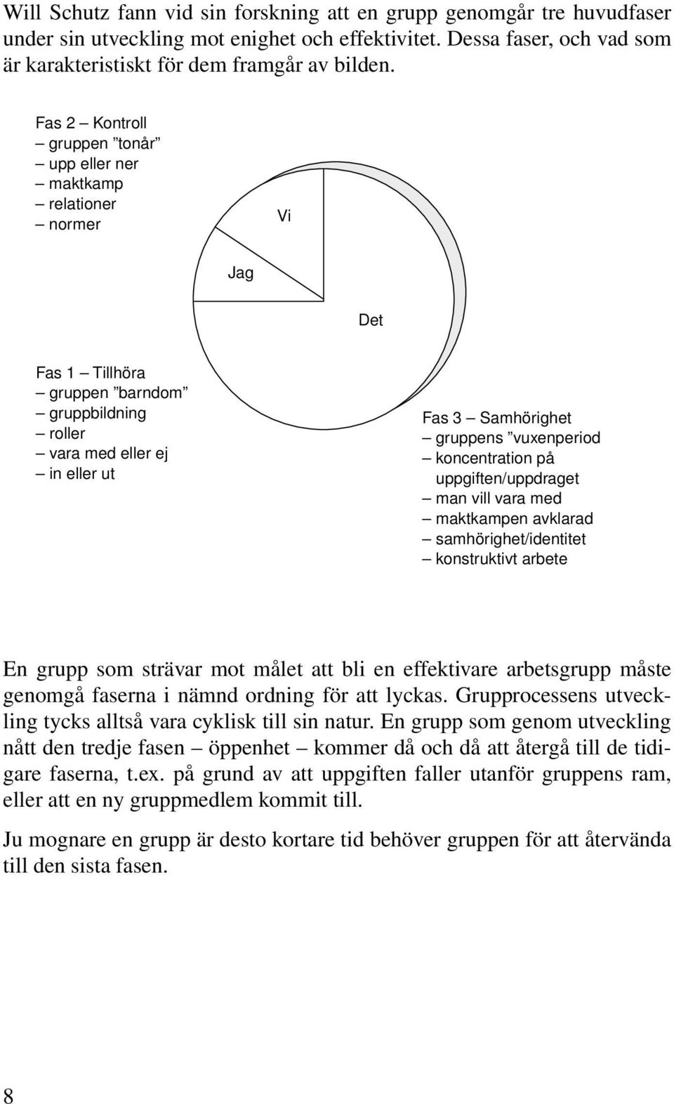 vuxenperiod koncentration på uppgiften/uppdraget man vill vara med maktkampen avklarad samhörighet/identitet konstruktivt arbete En grupp som strävar mot målet att bli en effektivare arbetsgrupp