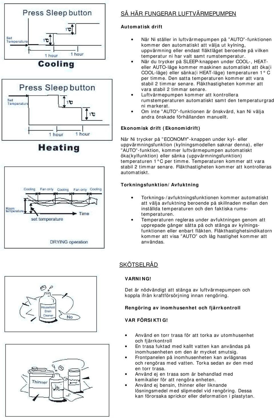 När du trycker på SLEEP-knappen under COOL-, HEATeller AUTO-läge kommer maskinen automatiskt att öka(i COOL-läge) eller sänka(i HEAT-läge) temperaturen 1 C per timme.