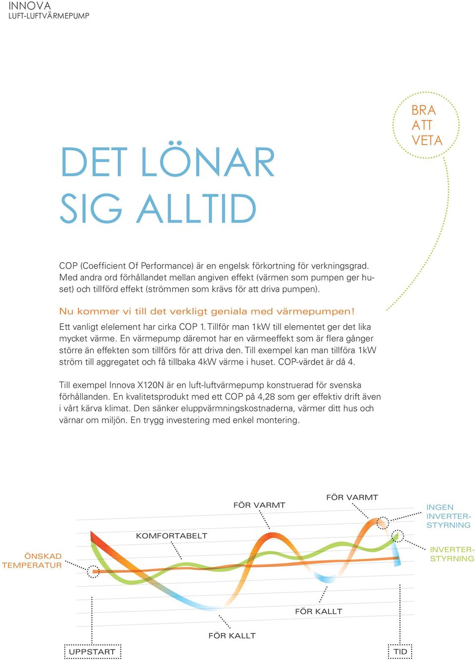 Ett vanligt elelement har cirka COP 1. Tillför man 1kW till elementet ger det lika mycket värme.