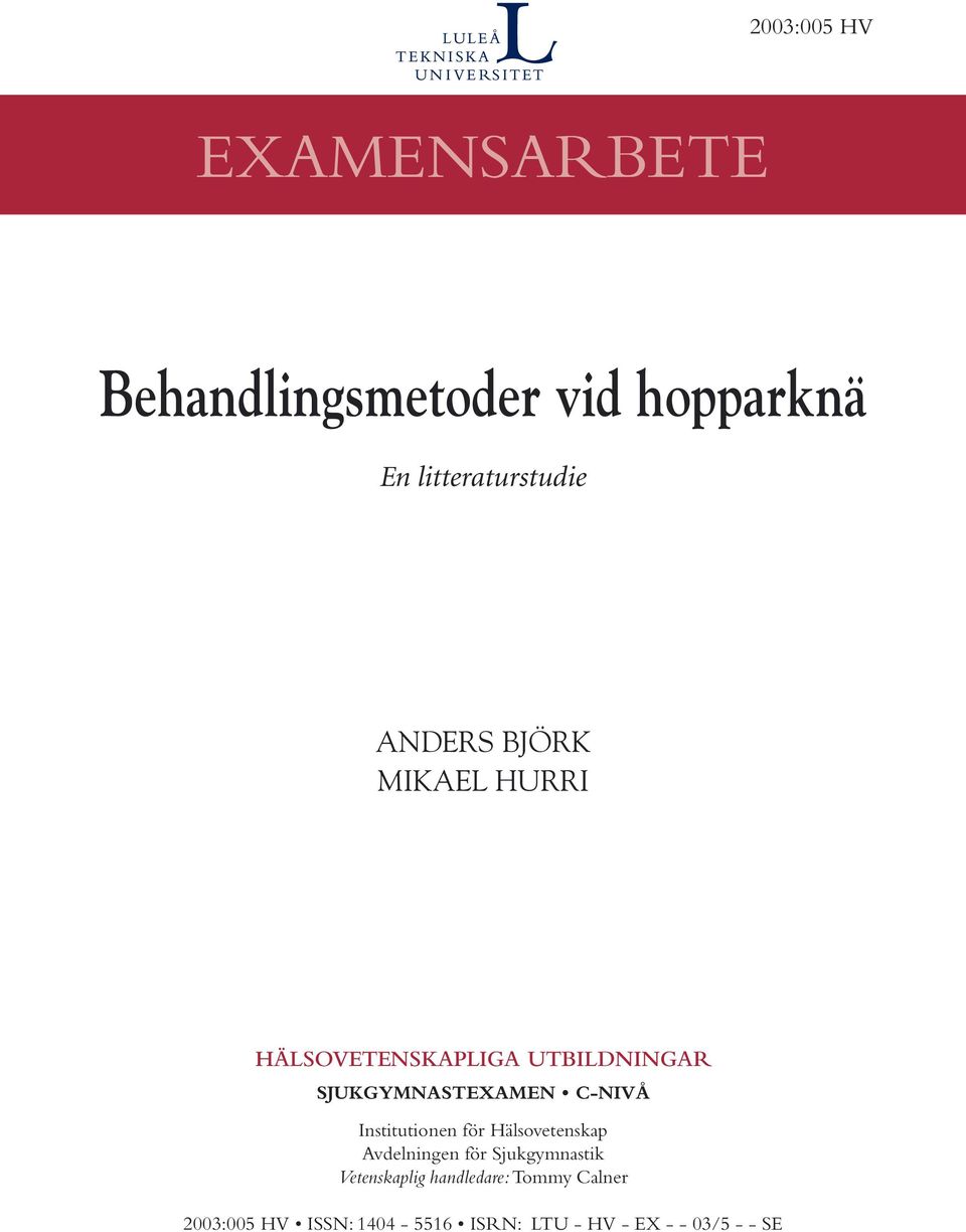 C-NIVÅ Institutionen för Hälsovetenskap Avdelningen för Sjukgymnastik