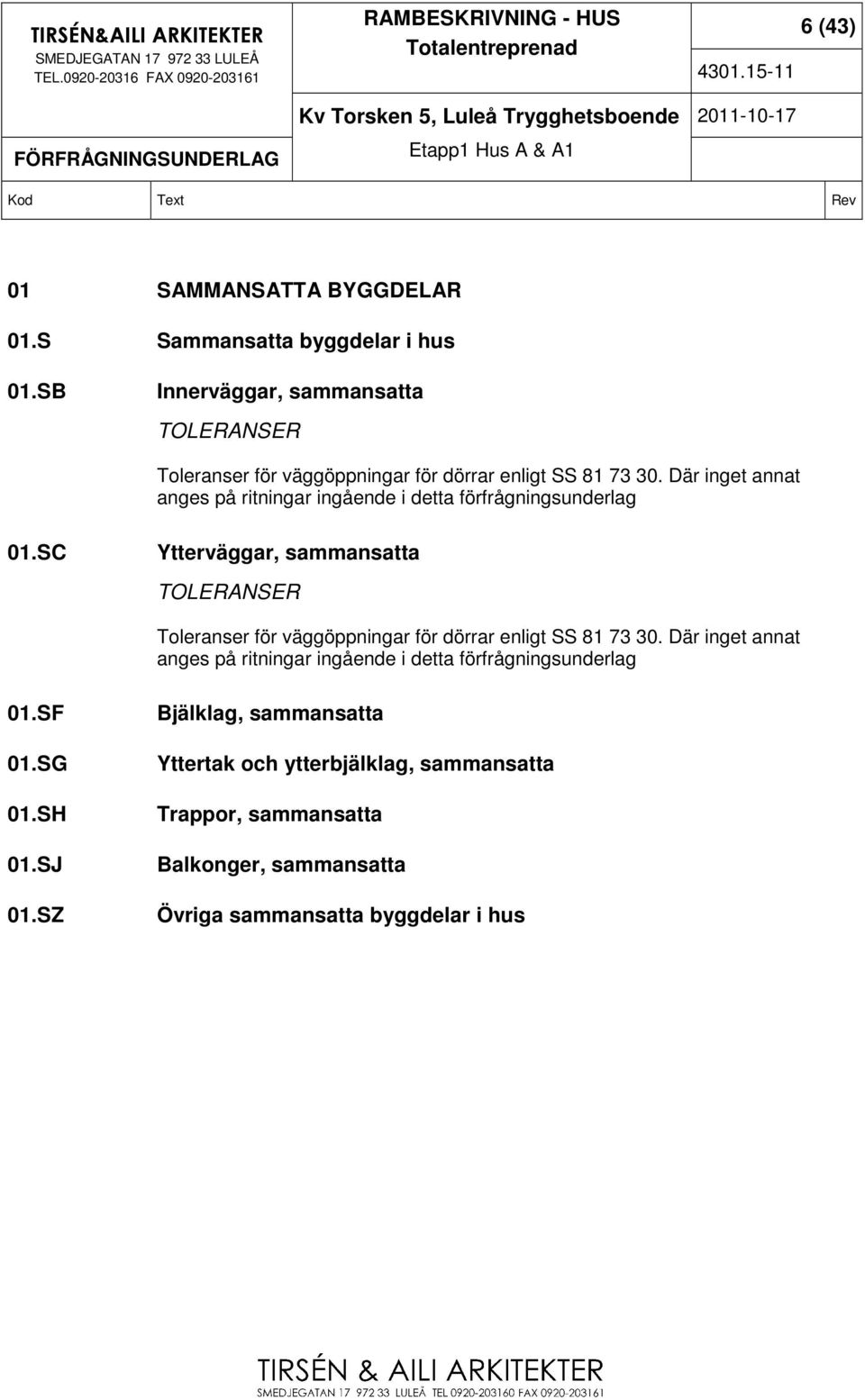 Där inget annat anges på ritningar ingående i detta förfrågningsunderlag 01.