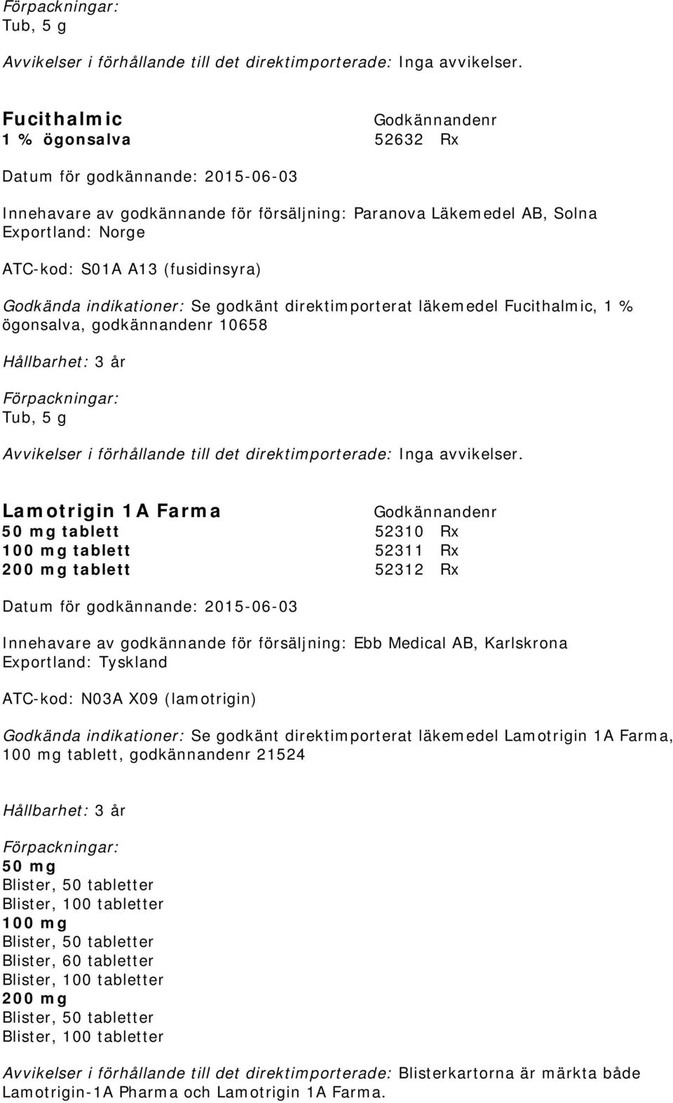 ATC-kod: N03A X09 (lamotrigin) Godkända indikationer: Se godkänt direktimporterat läkemedel Lamotrigin 1A Farma, 100 mg tablett, godkännandenr 21524 50 mg Blister, 50 tabletter Blister, 100 tabletter