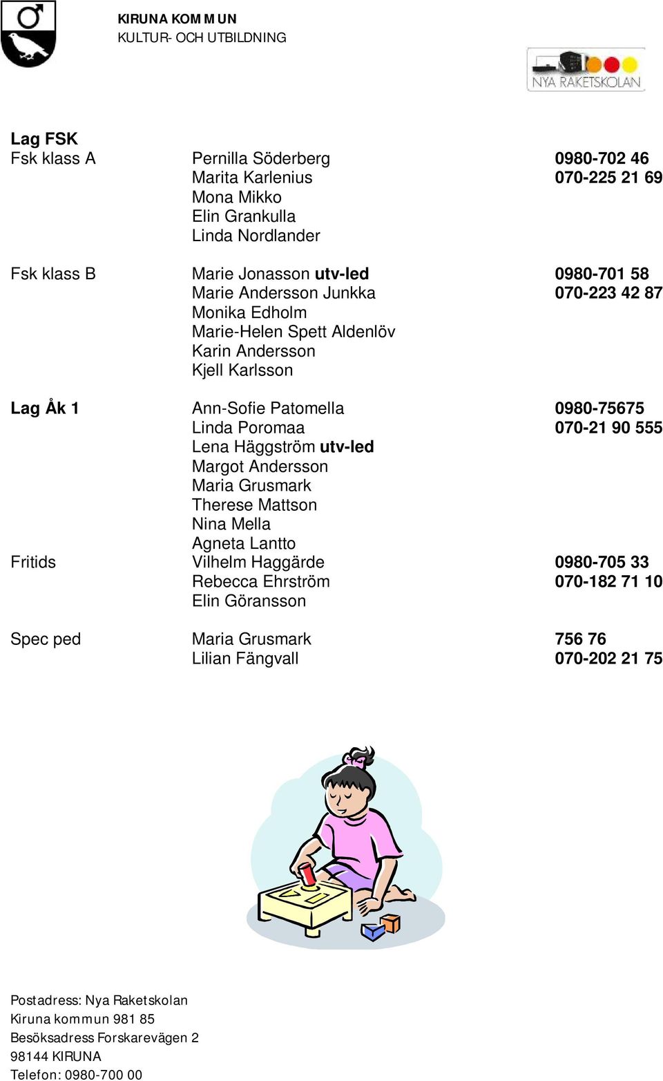 Ann-Sofie Patomella 0980-75675 Linda Poromaa 070-21 90 555 Lena Häggström utv-led Margot Andersson Maria Grusmark Therese Mattson Nina Mella
