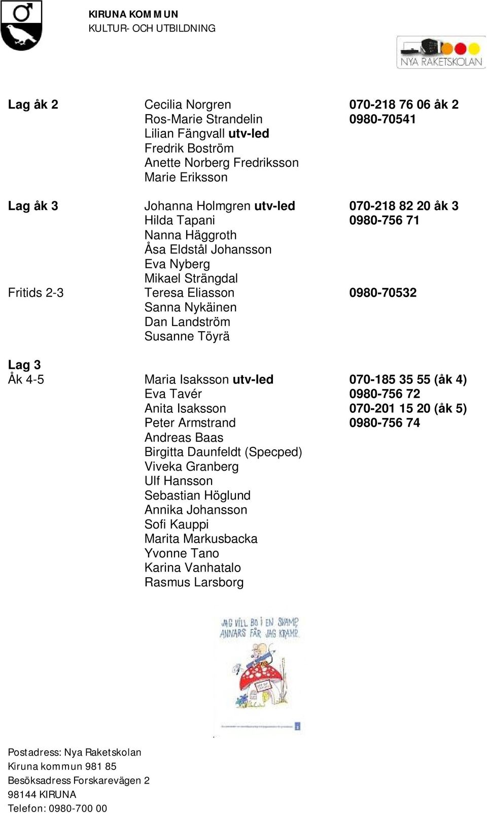 Nykäinen Dan Landström Susanne Töyrä Lag 3 Åk 4-5 Maria Isaksson utv-led 070-185 35 55 (åk 4) Eva Tavér 0980-756 72 Anita Isaksson 070-201 15 20 (åk 5) Peter Armstrand 0980-756