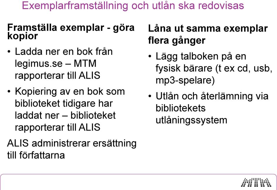 se MTM rapporterar till ALIS Kopiering av en bok som biblioteket tidigare har laddat ner biblioteket