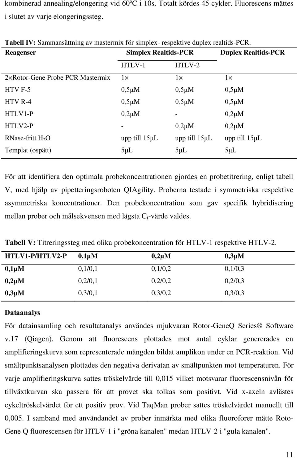Reagenser Simplex Realtids-PCR Duplex Realtids-PCR HTLV-1 HTLV-2 2 Rotor-Gene Probe PCR Mastermix 1 1 1 HTV F-5 0,5μM 0,5μM 0,5μM HTV R-4 0,5μM 0,5μM 0,5μM HTLV1-P 0,2μM - 0,2μM HTLV2-P - 0,2μM 0,2μM