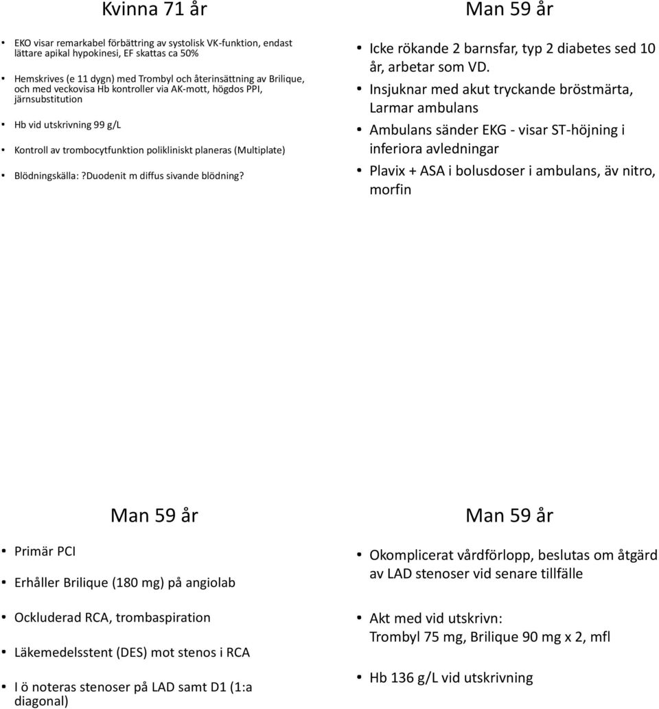 med Trombyl och återinsättning av Brilique, och med veckovisa Hb kontroller via AK-mott, högdos PPI, järnsubstitution Hb vid utskrivning 99 g/l Kontroll av trombocytfunktion polikliniskt planeras