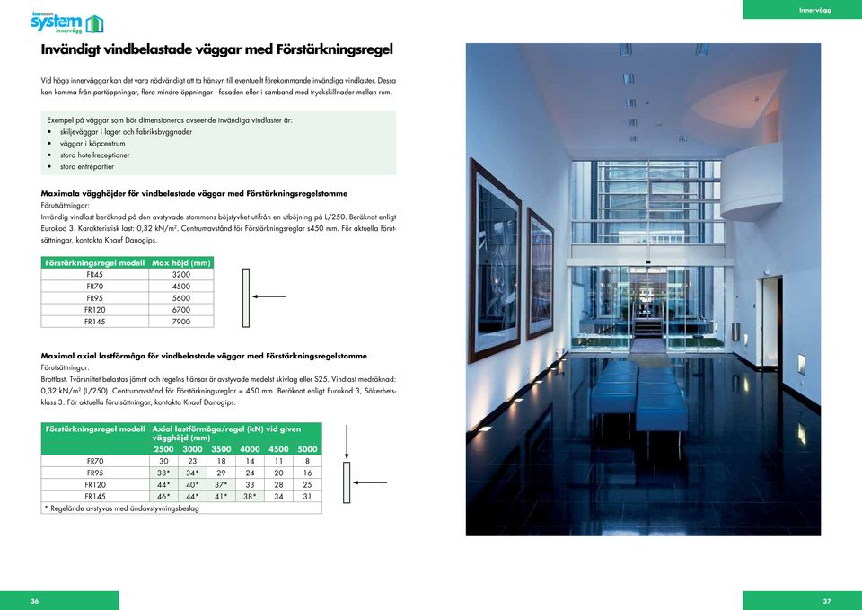 Exempel på väggar som bör dimensioneras avseende invändiga vindlaster är: skiljeväggar i lager och fabriksbyggnader väggar i köpcentrum stora hotellreceptioner stora entrépartier Maximala vägghöjder