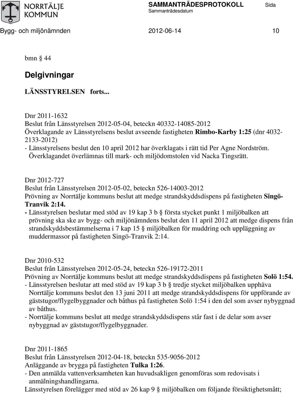 10 april 2012 har överklagats i rätt tid Per Agne Nordström. Överklagandet överlämnas till mark- och miljödomstolen vid Nacka Tingsrätt.