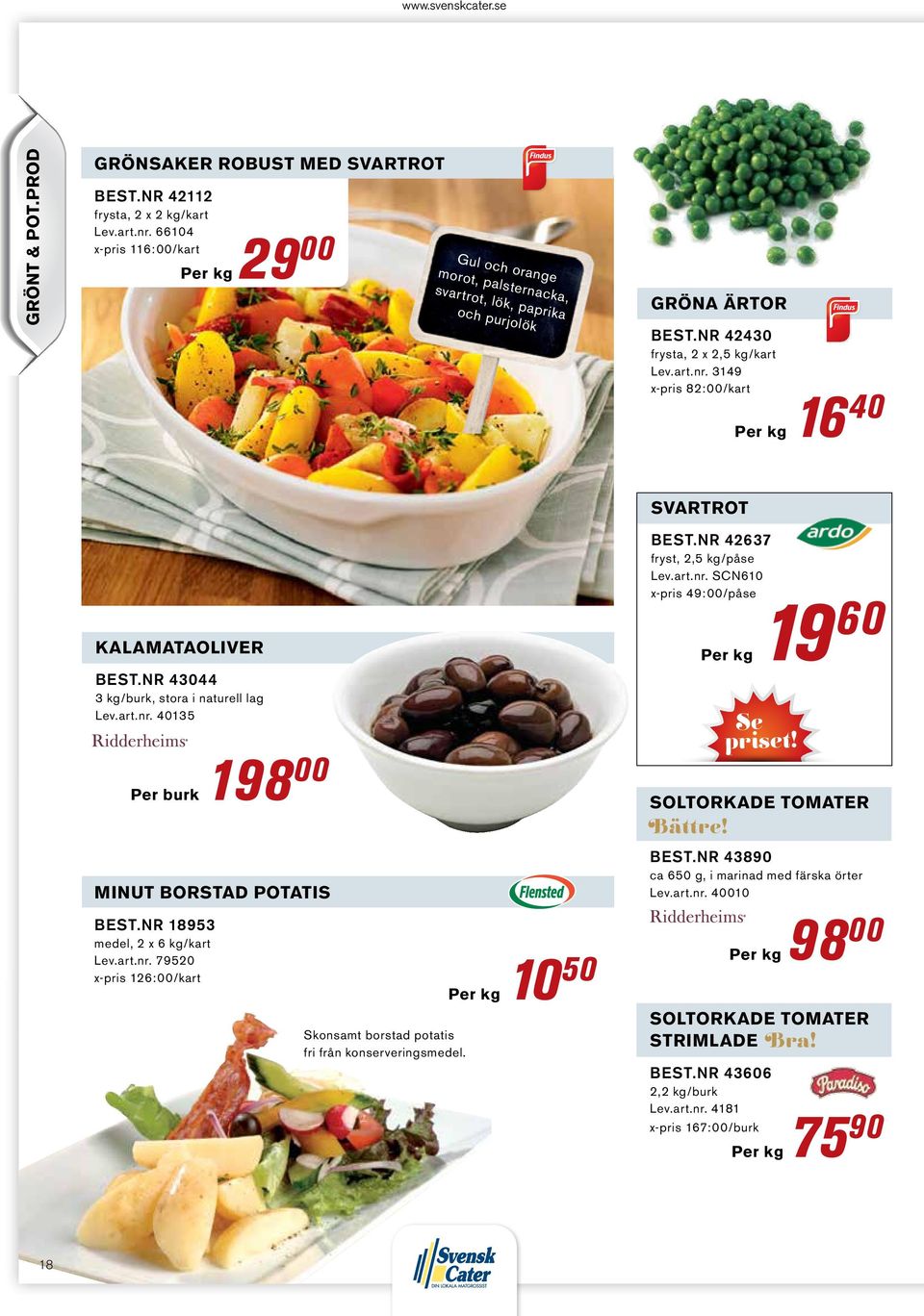 nr 18953 medel, 2 x 6 kg/kart Lev.art.nr. 79520 x-pris 126:00/kart Skonsamt borstad potatis fri från konserveringsmedel. 10 50 svartrot Best.nr 42637 fryst, 2,5 kg/påse Lev.art.nr. SCN610 x-pris 49:00/påse 19 60 soltorkade tomater Bättre!