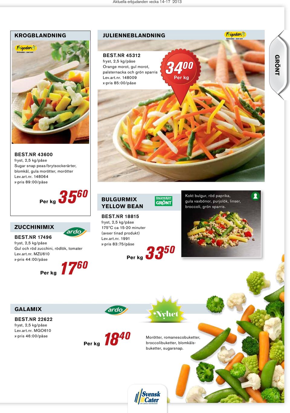 nr 17496 fryst, 2,5 kg/påse Gul och röd zucchini, rödlök, tomater Lev.art.nr. MZU610 x-pris 44:00/påse 17 60 bulgurmix yellow bean Best.