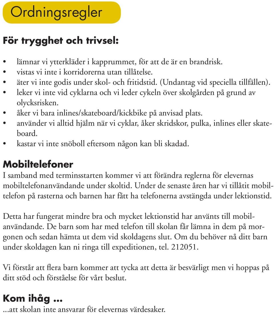 använder vi alltid hjälm när vi cyklar, åker skridskor, pulka, inlines eller skateboard. kastar vi inte snöboll eftersom någon kan bli skadad.