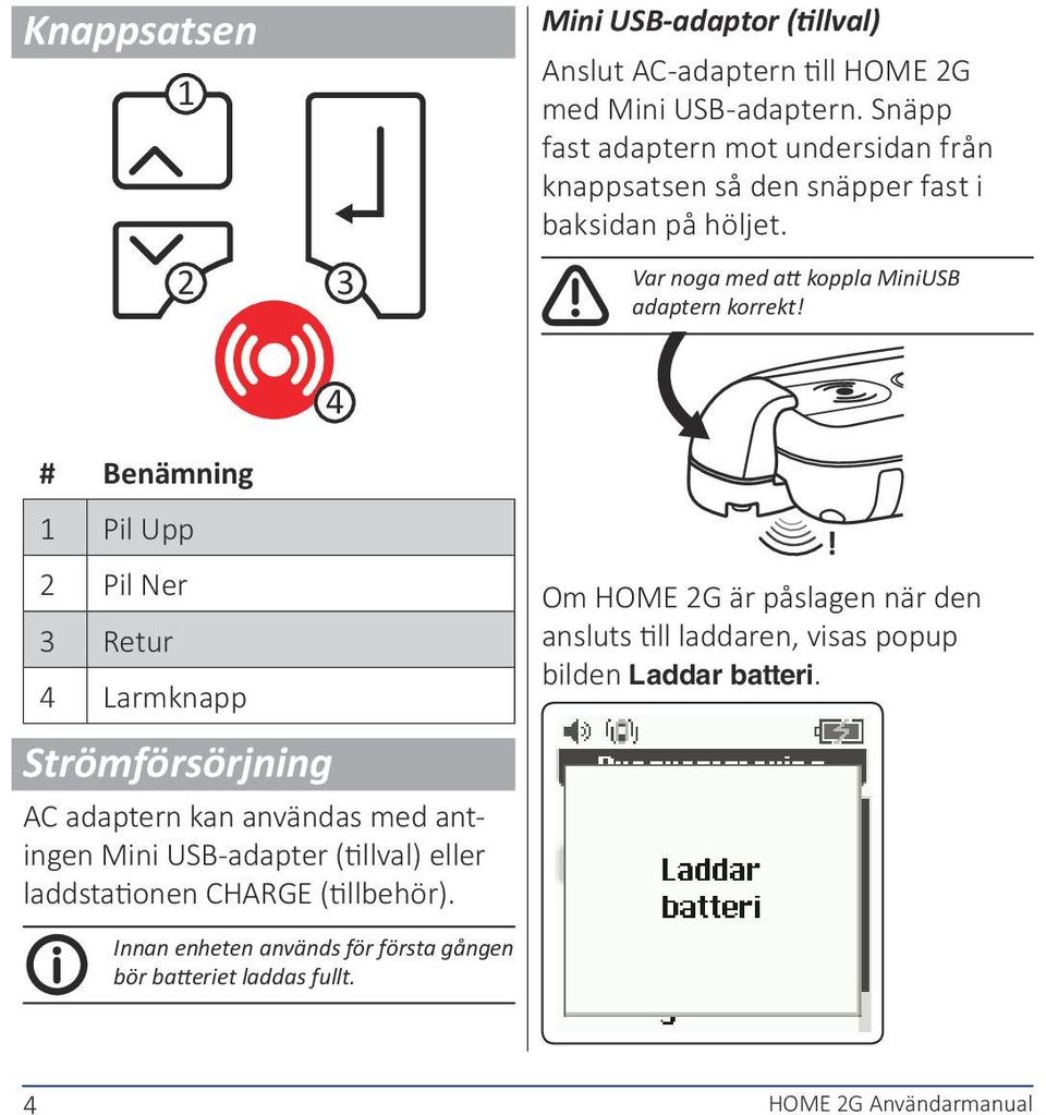 # Benämning 4 1 Pil Upp 2 Pil Ner 3 Retur 4 Larmknapp Strömförsörjning AC adaptern kan användas med antingen Mini USB-adapter (tillval) eller