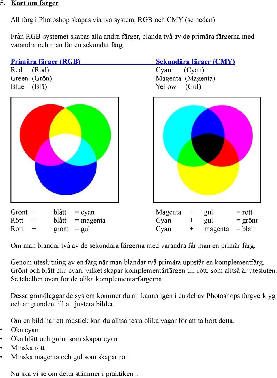 Primära färger (RGB) Red (Röd) Green (Grön) Blue (Blå) Sekundära färger (CMY) Cyan (Cyan) Magenta (Magenta) Yellow (Gul) Grönt + Rött + Rött + Magenta Cyan Cyan blått = cyan blått = magenta grönt =