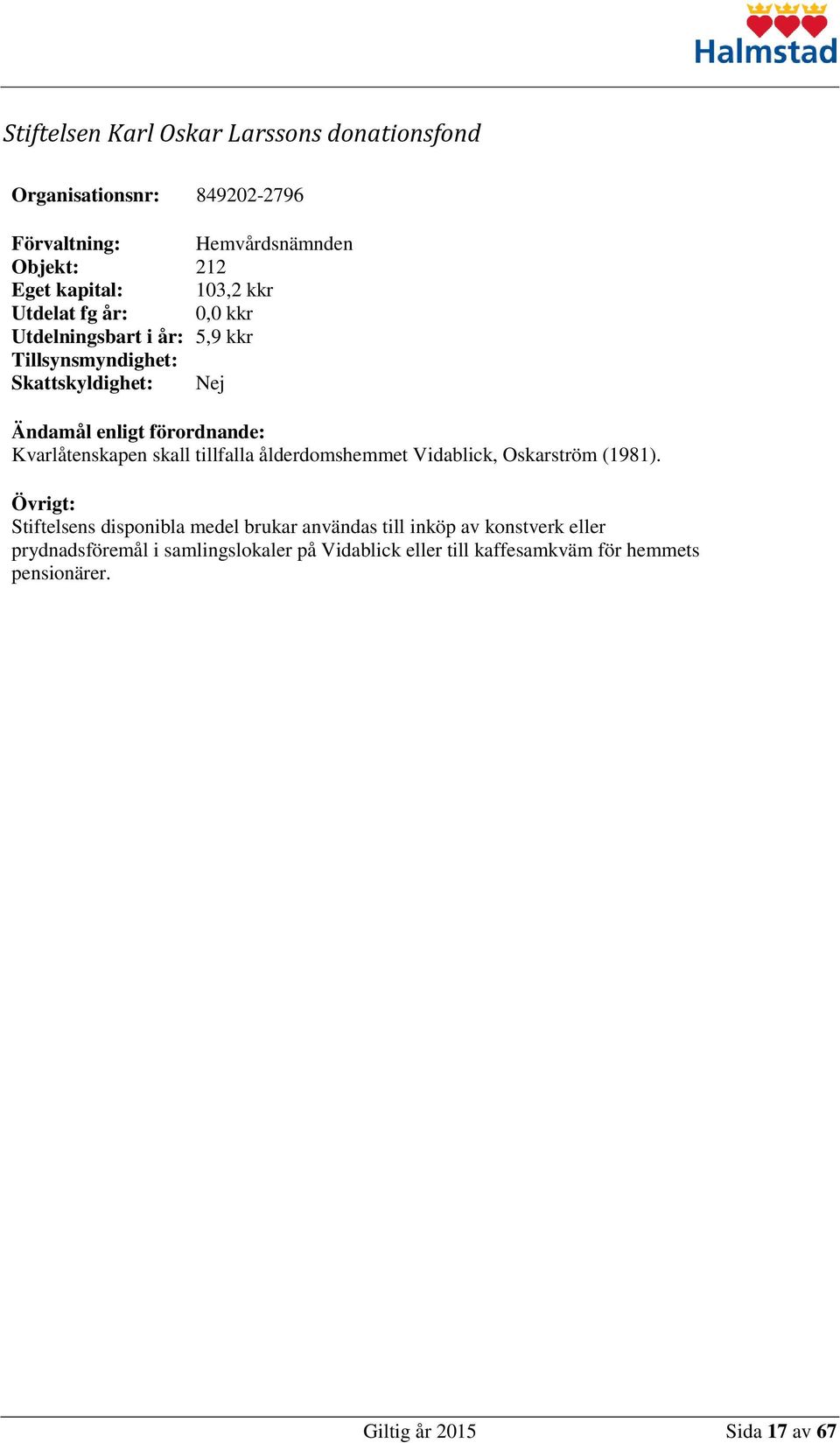 skall tillfalla ålderdomshemmet Vidablick, Oskarström (1981).