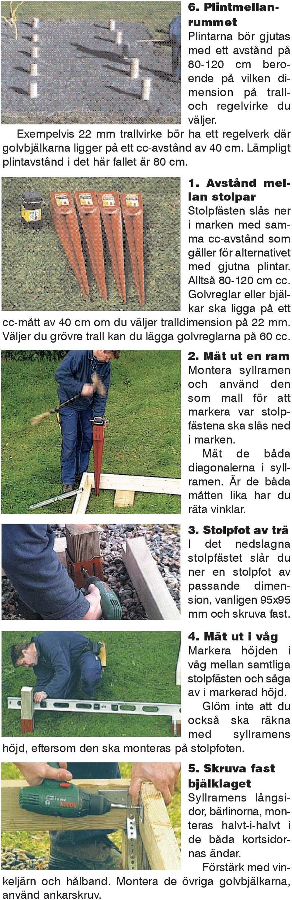 Avstånd mellan stolpar Stolpfästen slås ner i marken med samma cc-avstånd som gäller för alternativet med gjutna plintar. Alltså 80-120 cm cc.