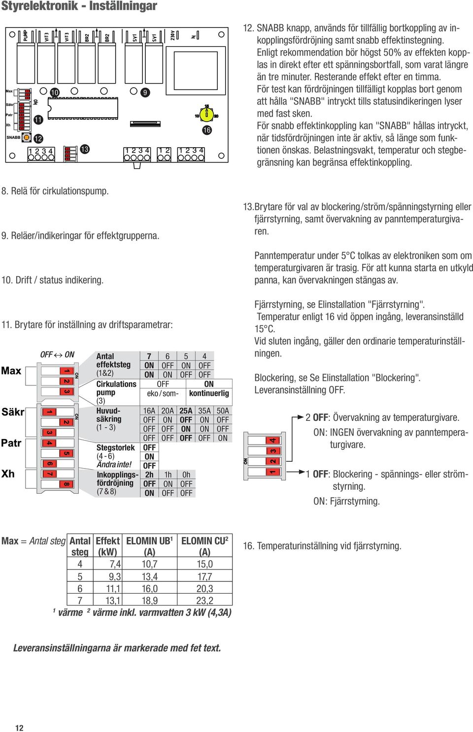 För test kan fördröjningen tillfälligt kopplas bort genom att hålla "SNABB" intryckt tills statusindikeringen lyser med fast sken.