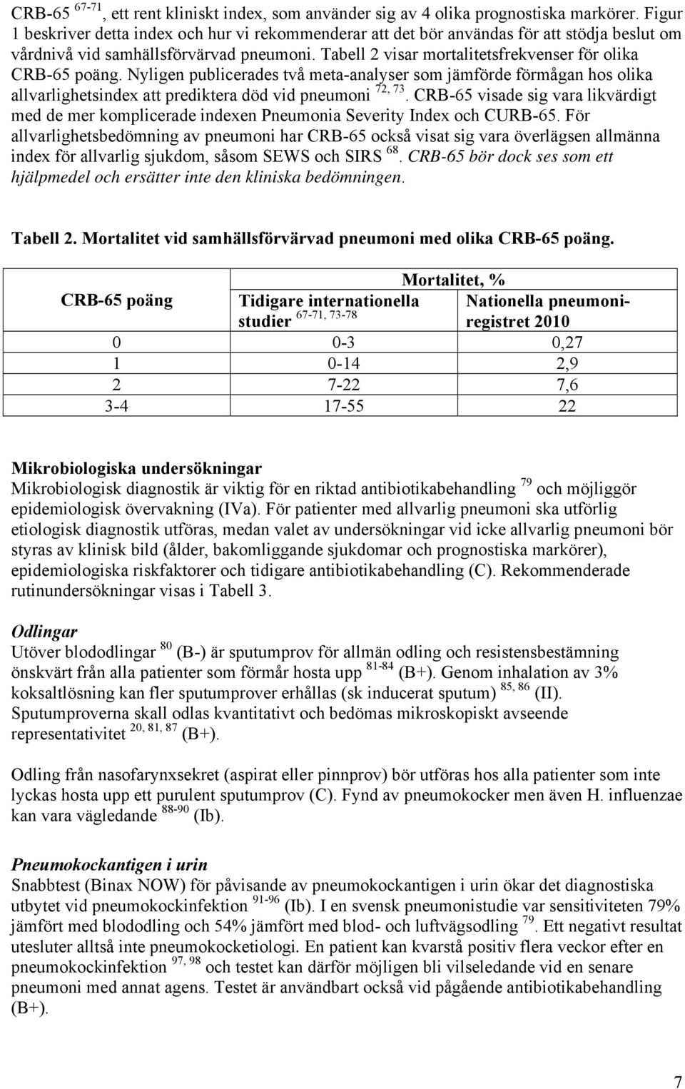 Tabell 2 visar mortalitetsfrekvenser för olika CRB-65 poäng. Nyligen publicerades två meta-analyser som jämförde förmågan hos olika allvarlighetsindex att prediktera död vid pneumoni 72, 73.