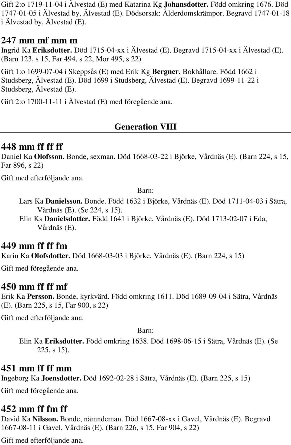 (Barn 123, s 15, Far 494, s 22, Mor 495, s 22) Gift 1:o 1699-07-04 i Skeppsås (E) med Erik Kg Bergner. Bokhållare. Född 1662 i Studsberg, Älvestad (E). Död 1699 i Studsberg, Älvestad (E).