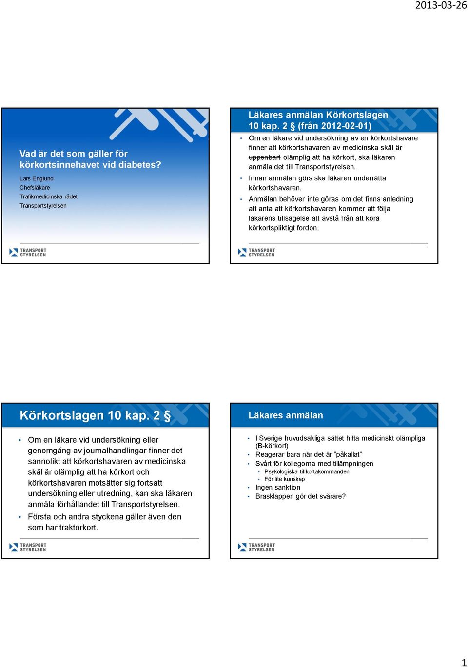 Transportstyrelsen. Innan anmälan görs ska läkaren underrätta körkortshavaren.