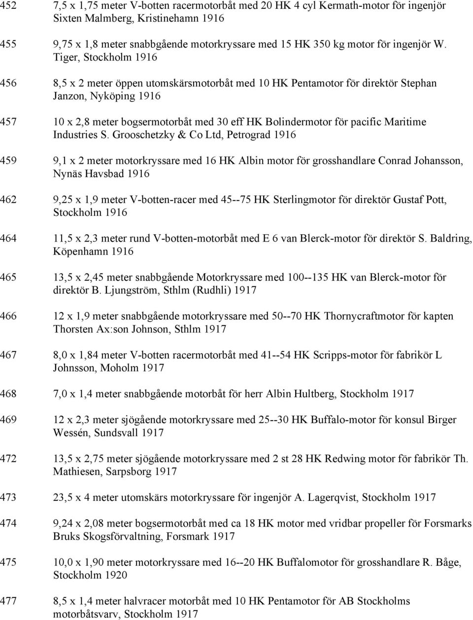 Tiger, Stockholm 1916 456 8,5 x 2 meter öppen utomskärsmotorbåt med 10 HK Pentamotor för direktör Stephan Janzon, Nyköping 1916 457 10 x 2,8 meter bogsermotorbåt med 30 eff HK Bolindermotor för
