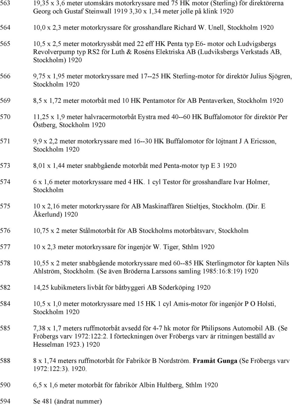 Unell, Stockholm 1920 565 10,5 x 2,5 meter motorkryssbåt med 22 eff HK Penta typ E6- motor och Ludvigsbergs Revolverpump typ RS2 för Luth & Roséns Elektriska AB (Ludviksbergs Verkstads AB, Stockholm)