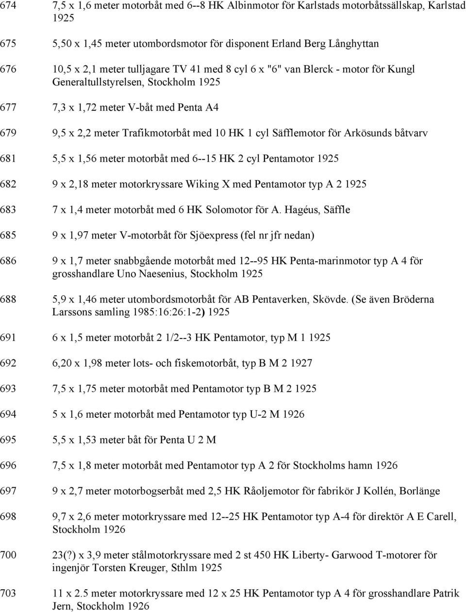 Säfflemotor för Arkösunds båtvarv 681 5,5 x 1,56 meter motorbåt med 6--15 HK 2 cyl Pentamotor 1925 682 9 x 2,18 meter motorkryssare Wiking X med Pentamotor typ A 2 1925 683 7 x 1,4 meter motorbåt med