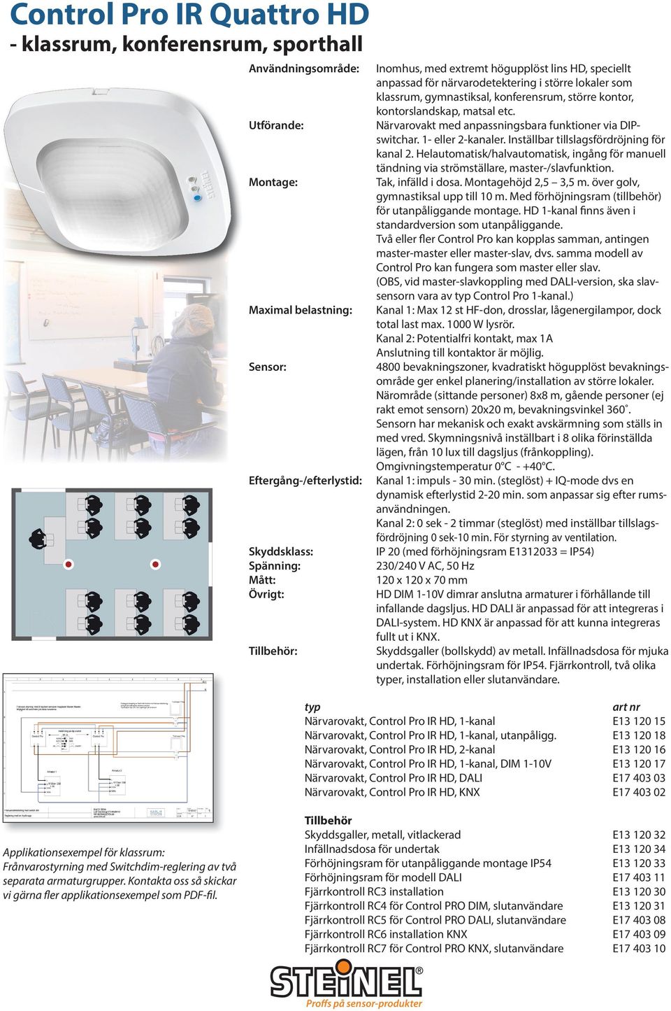 Närvarovakt med anpassningsbara funktioner via DIPswitchar. 1- eller 2-kanaler. Inställbar tillslagsfördröjning för kanal 2.