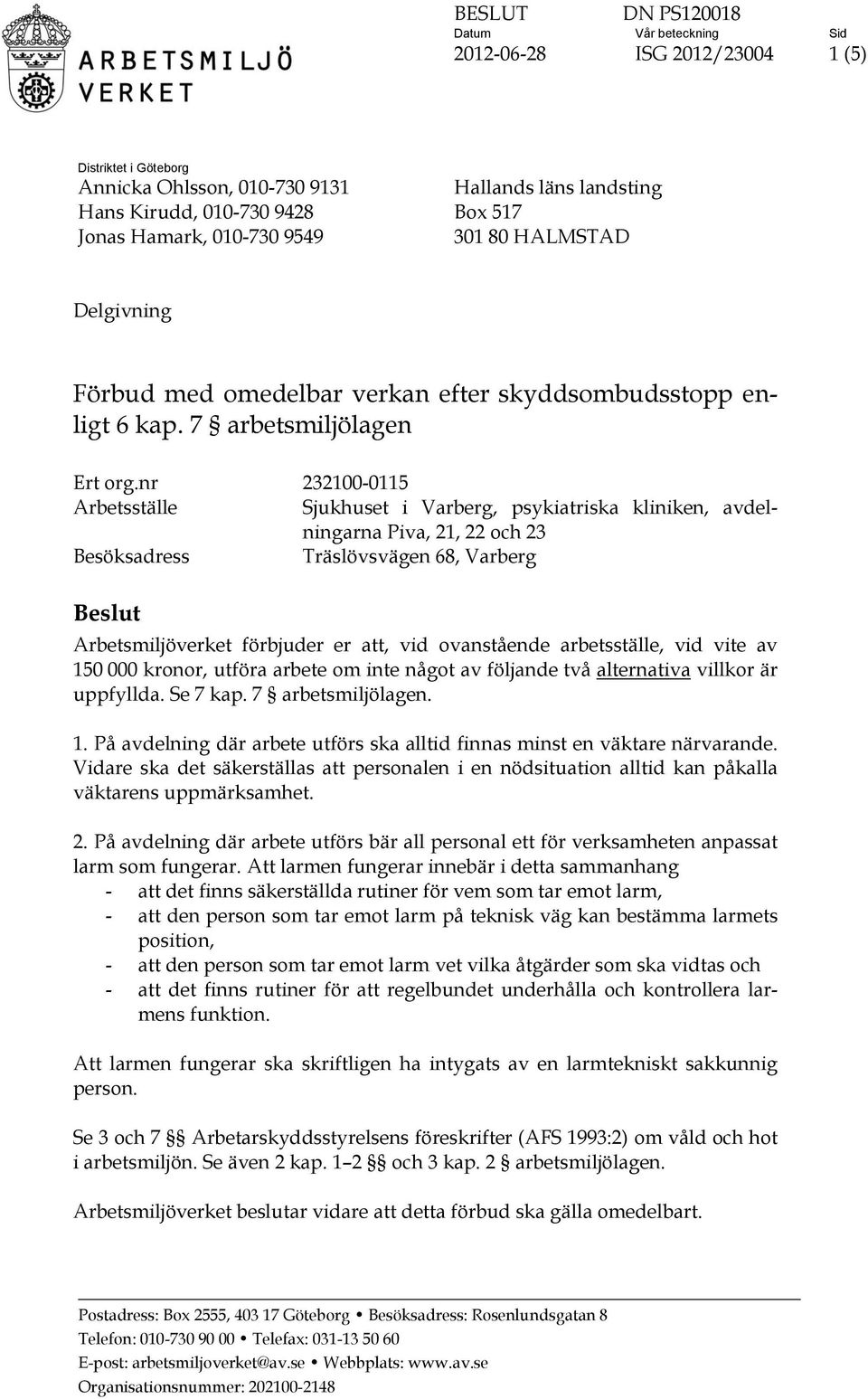 nr 232100-0115 Arbetsställe Sjukhuset i Varberg, psykiatriska kliniken, avdelningarna Piva, 21, 22 och 23 Besöksadress Träslövsvägen 68, Varberg Beslut Arbetsmiljöverket förbjuder er att, vid