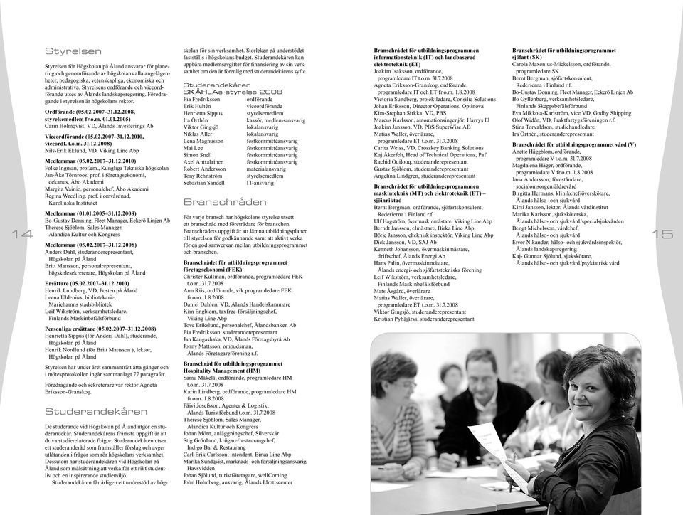 01.2005) Carin Holmqvist, VD, Ålands Investerings Ab Viceordförande (05.02.2007 31.12.2010, viceordf. t.o.m. 31.12.2008) Nils-Erik Eklund, VD, Viking Line Abp Medlemmar (05.02.2007 31.12.2010) Folke Ingman, prof.