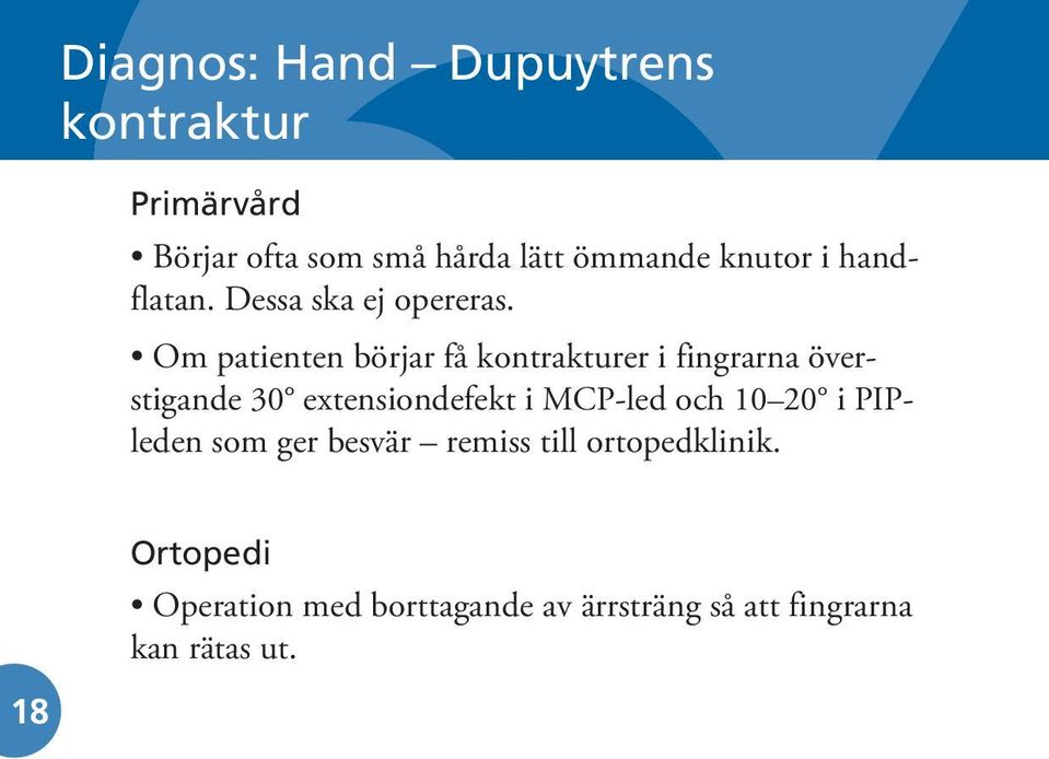 Om patienten börjar få kontrakturer i fingrarna överstigande 30 extensiondefekt i