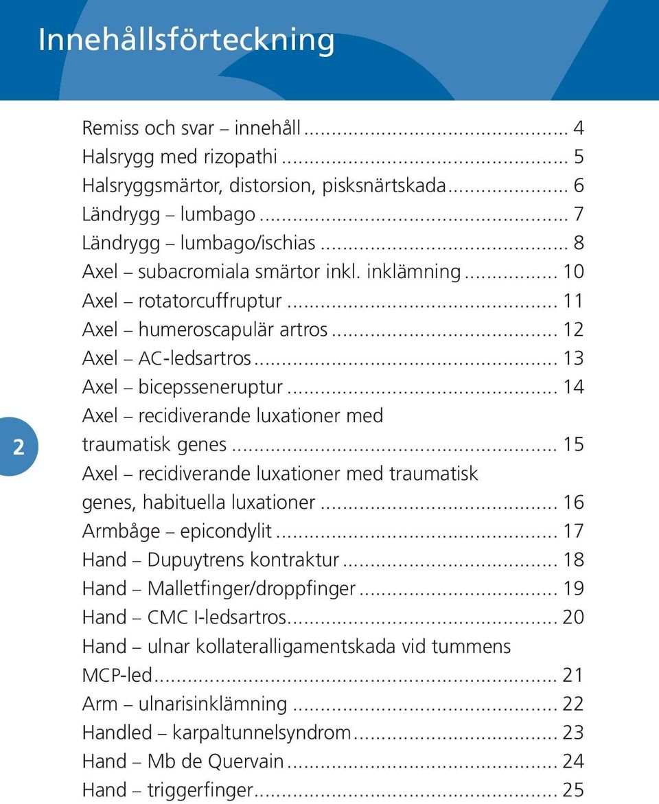 .. 14 Axel recidiverande luxationer med traumatisk genes... 15 Axel recidiverande luxationer med traumatisk genes, habituella luxationer... 16 Armbåge epicondylit... 17 Hand Dupuytrens kontraktur.