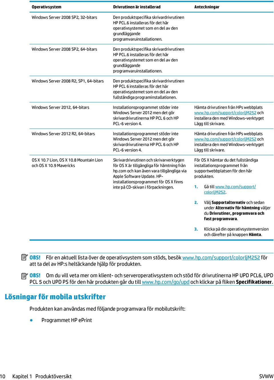 6 installeras för det här operativsystemet som en del av den grundläggande programvaruinstallationen. Den produktspecifika skrivardrivrutinen HP PCL.