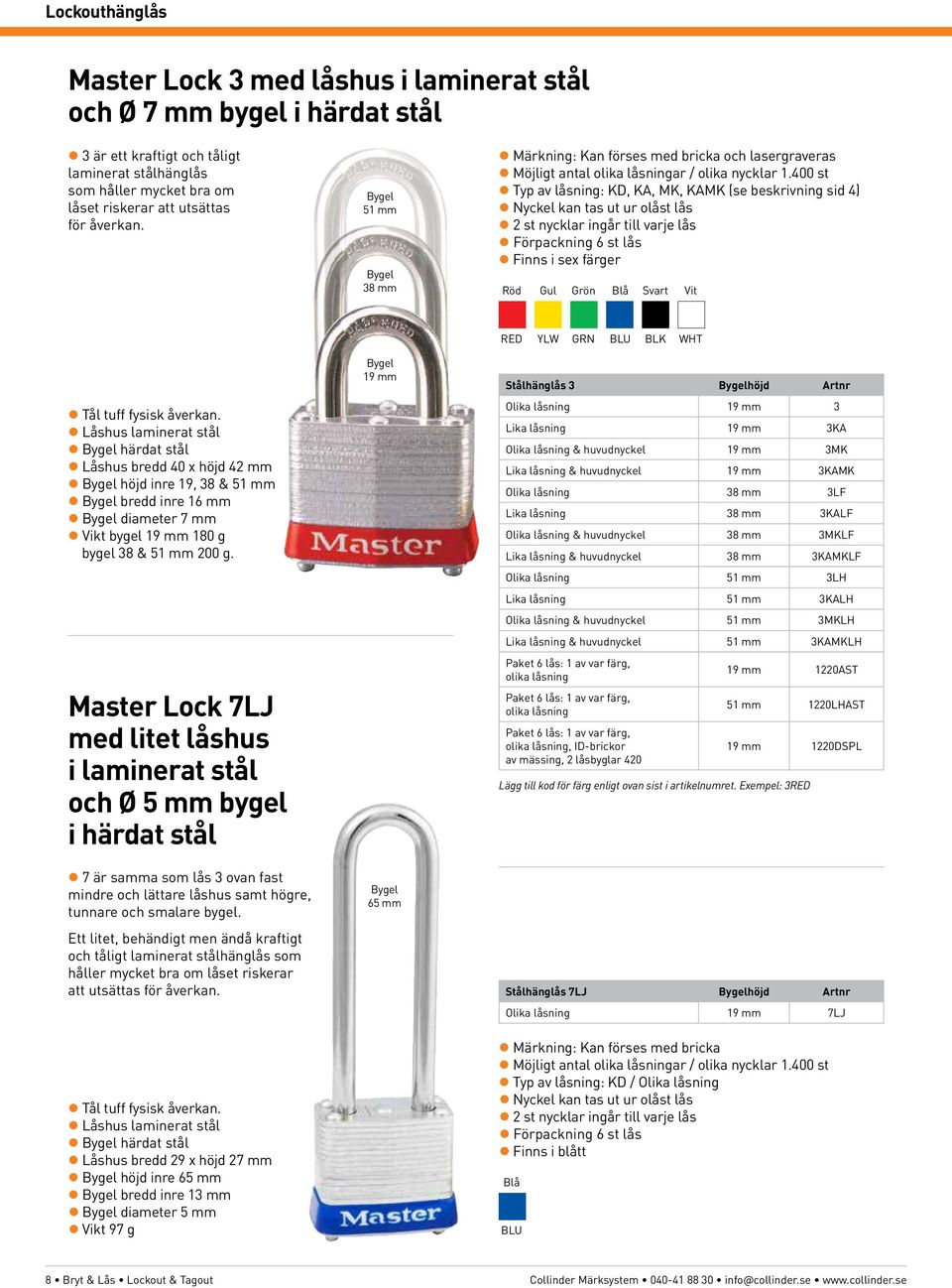 400 st Typ av låsning: KD, KA, MK, KAMK (se beskrivning sid 4) Nyckel kan tas ut ur olåst lås 2 st nycklar ingår till varje lås Förpackning 6 st lås Finns i sex färger Röd Gul Grön Blå Svart Vit Tål