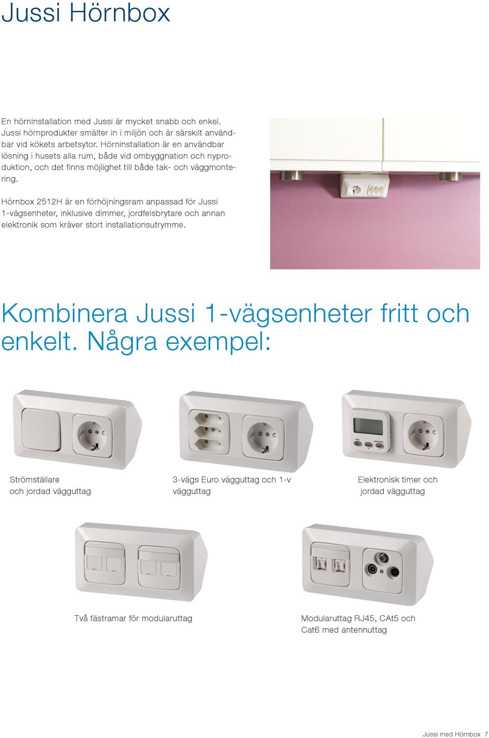 Hörnbox 2512H är en förhöjningsram anpassad för Jussi 1-vägsenheter, inklusive dimmer, jordfelsbrytare och annan elektronik som kräver stort installationsutrymme.