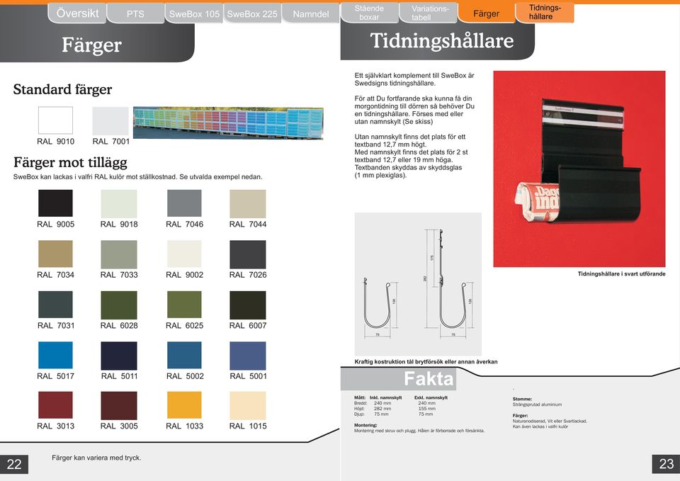 Förses med eller utan namnskylt (Se skiss) Utan namnskylt finns det plats för ett textband 12,7 mm högt. Med namnskylt finns det plats för 2 st textband 12,7 eller 19 mm höga.