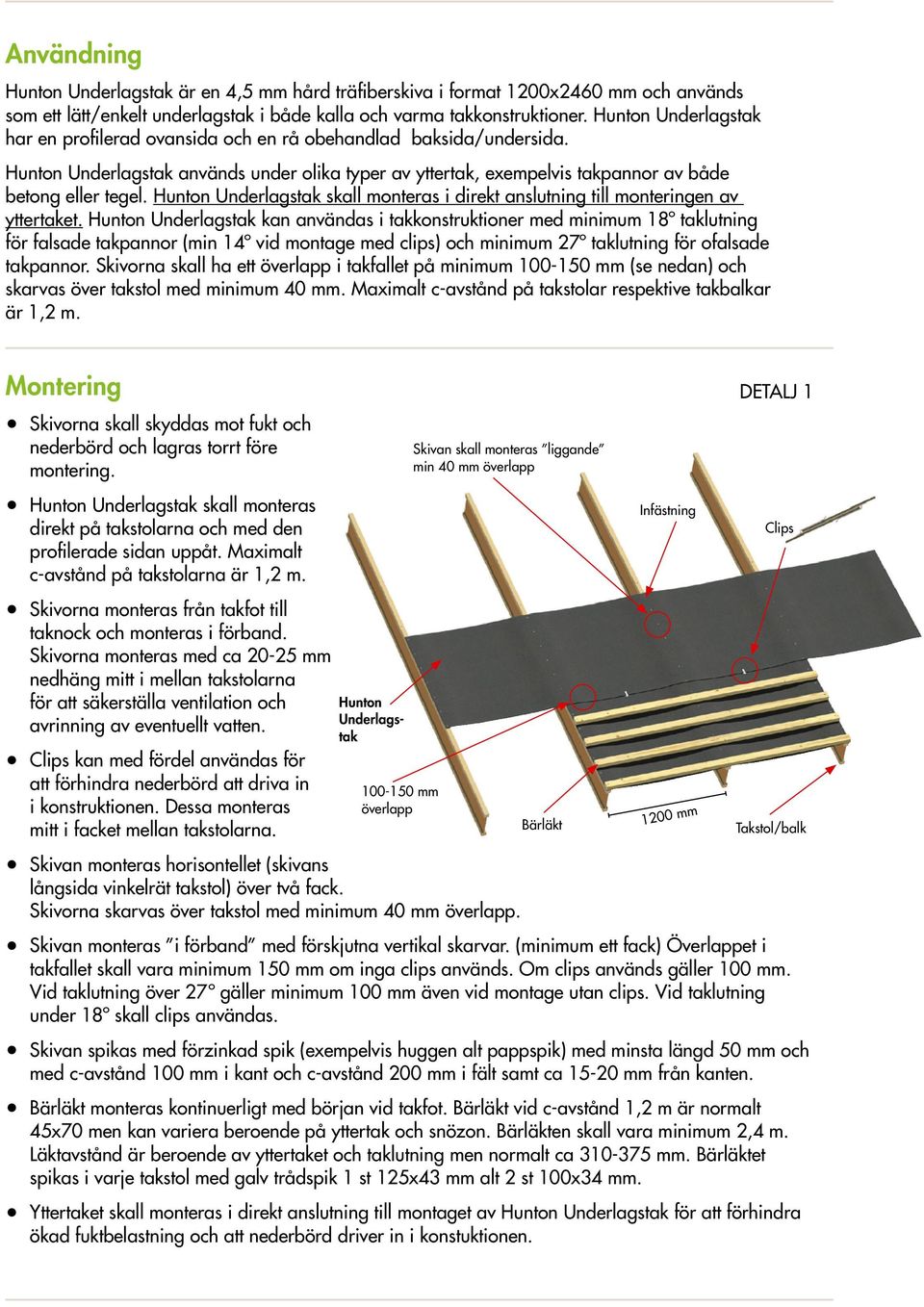 Hunton Underlagstak skall monteras i direkt anslutning till monteringen av yttertaket.