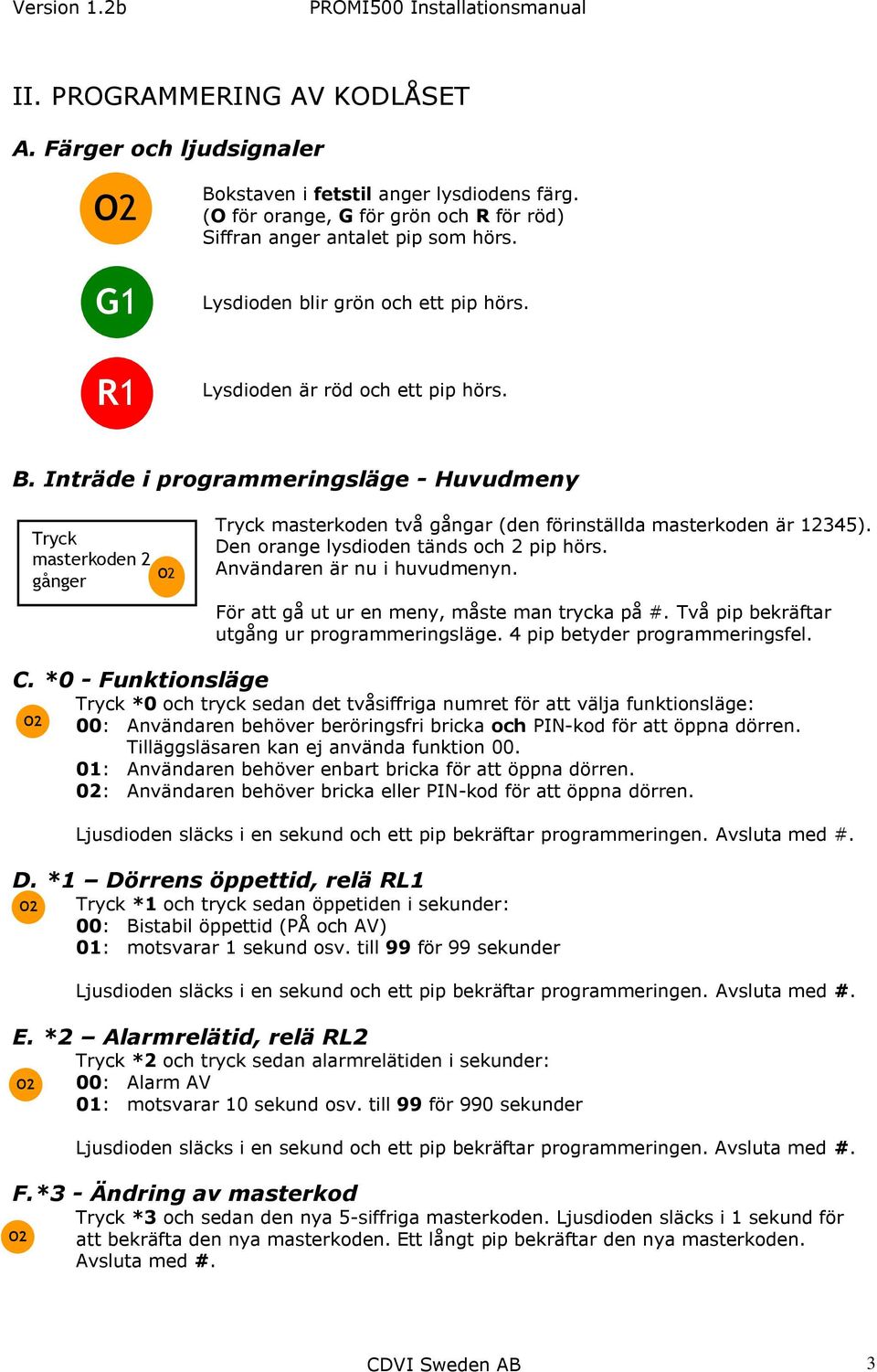 Inträde i programmeringsläge - Huvudmeny Tryck masterkoden gånger Tryck masterkoden två gångar (den förinställda masterkoden är 1345). Den orange lysdioden tänds och pip hörs.