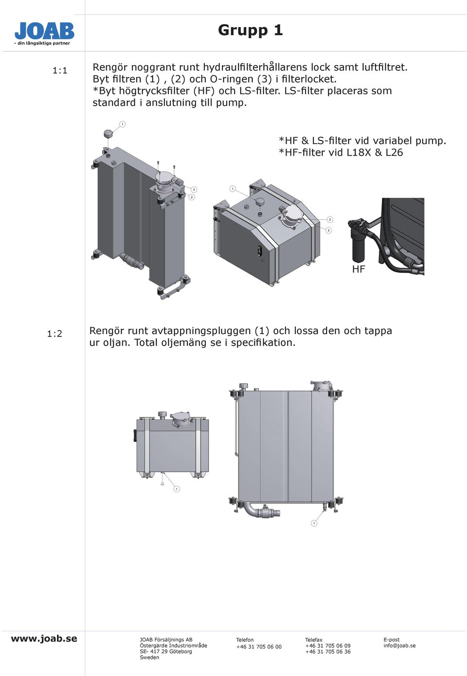 B *HF-filter vid L8X & L26 3 2 2 2 3 HF :2 Regarding not measured tolerances and surface demands, see Joab instruction 380 Format 2 Rengör runt avtappningspluggen () 200-2-3 och lossa den och tappa 2