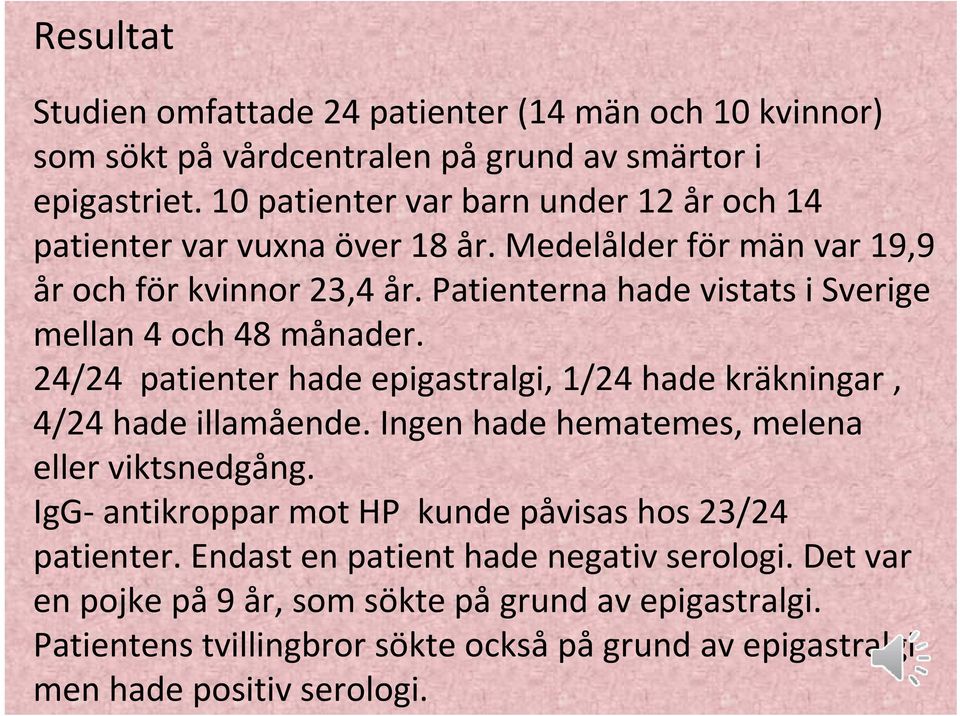 Patienterna hade vistats i Sverige mellan 4 och 48 månader. 24/24 patienter hade epigastralgi, 1/24 hade kräkningar, 4/24 hade illamående.