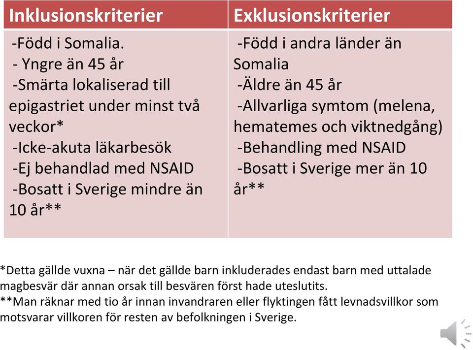 Exklusionskriterier Född i andra länder än Somalia Äldre än 45 år Allvarliga symtom (melena, hematemes och viktnedgång) Behandling med NSAID Bosatt i Sverige mer