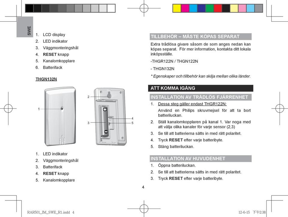 Dessa steg gäller endast THGRN: Använd en Philips skruvmejsel för att ta bort batteriluckan.. Ställ kanalomkopplaren på kanal. Var noga med att välja olika kanaler för varje sensor (,).