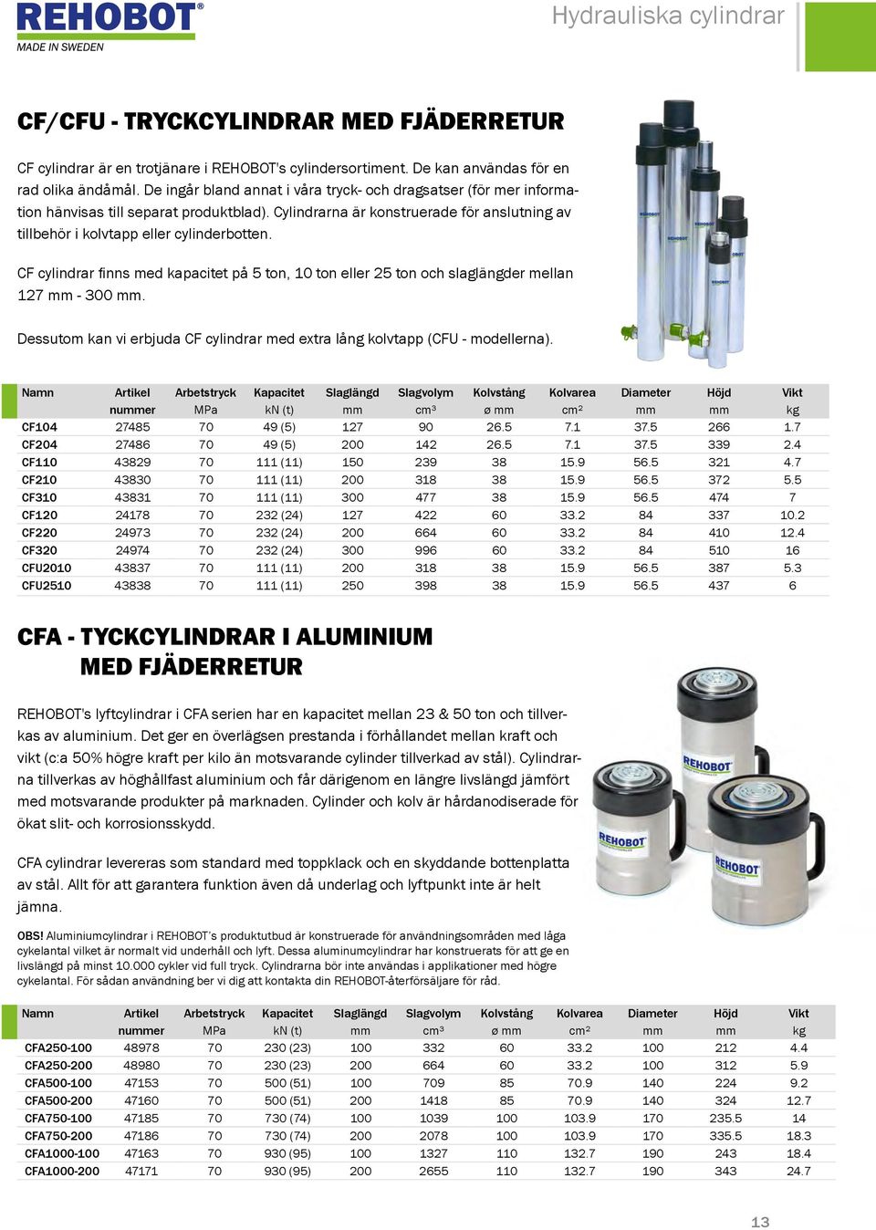 CF cylindrar finns med kapacitet på 5 ton, 10 ton eller 25 ton och slaglängder mellan 127 mm - 300 mm. Dessutom kan vi erbjuda CF cylindrar med extra lång kolvtapp (CFU - modellerna).